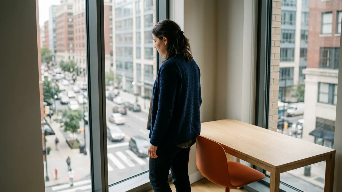 Revenue operations leader standing at an office window thinking through a Salesforce contractor budget, with an empty desk and orange chair beside her