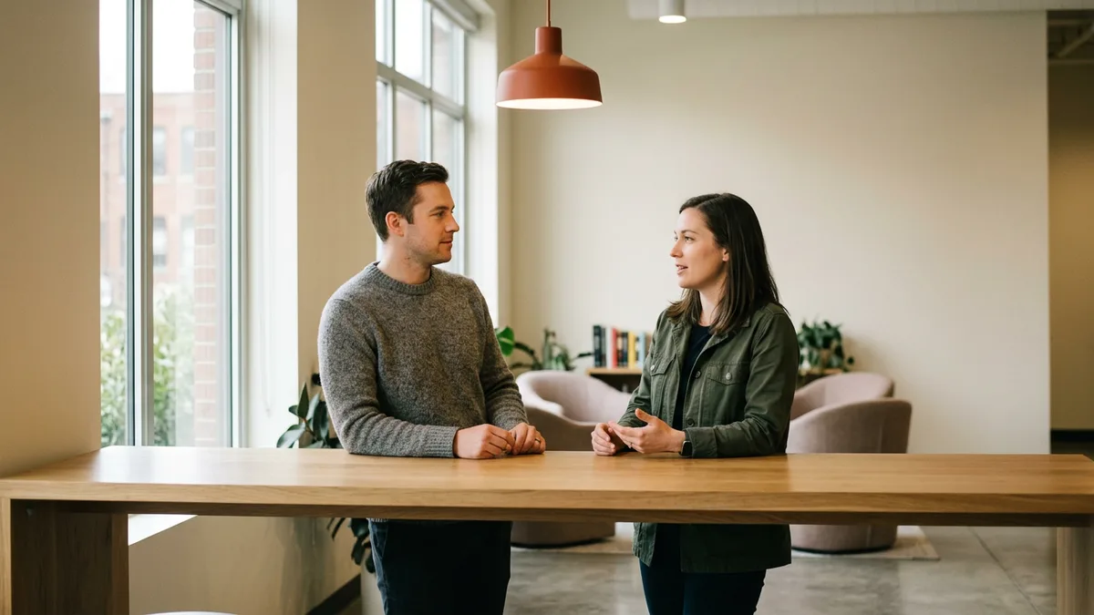 Two colleagues talking at a standing counter under an orange lamp while they scope Salesforce contract seats and a metro budget
