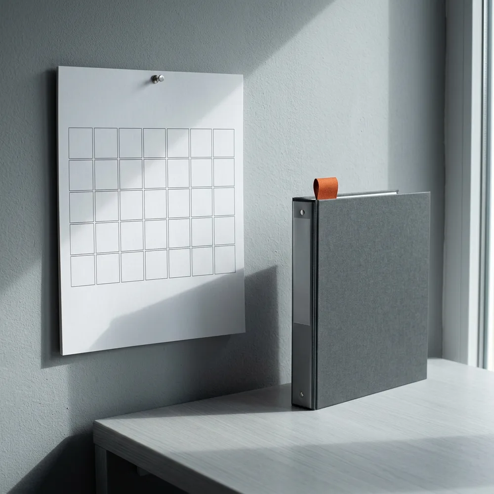 A wall calendar page with no writing on it beside a closed ring binder on a cool grey desk, lit from the side, with a small orange bookmark tab