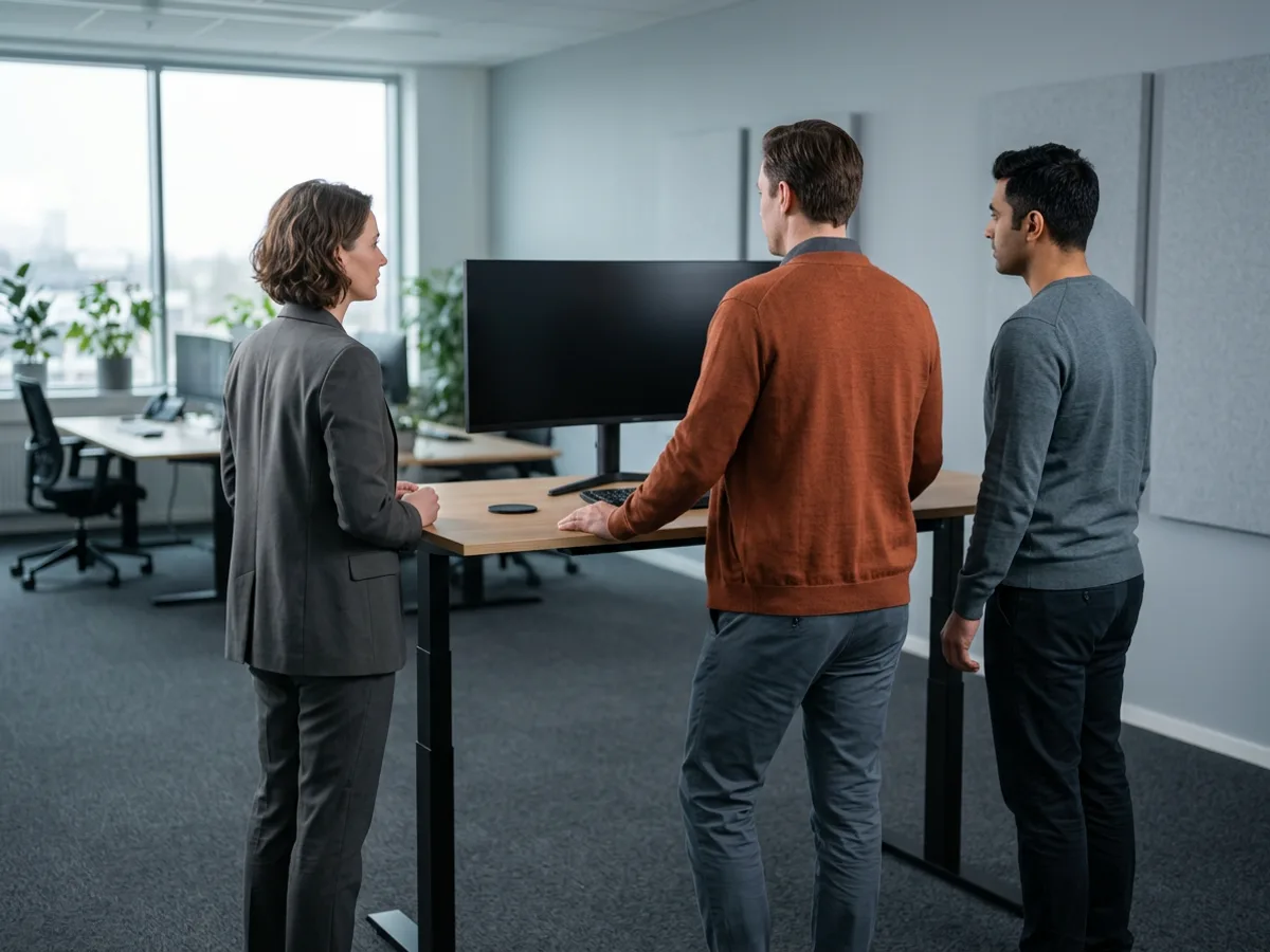 Three SAP support specialists standing together at one desk looking at a single screen in a cool grey enterprise IT office