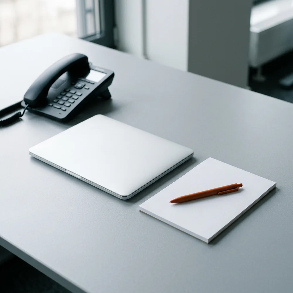 A single desk telephone and a blank notepad on a cool grey office surface beside a closed laptop, with an orange pen laid across the pad
