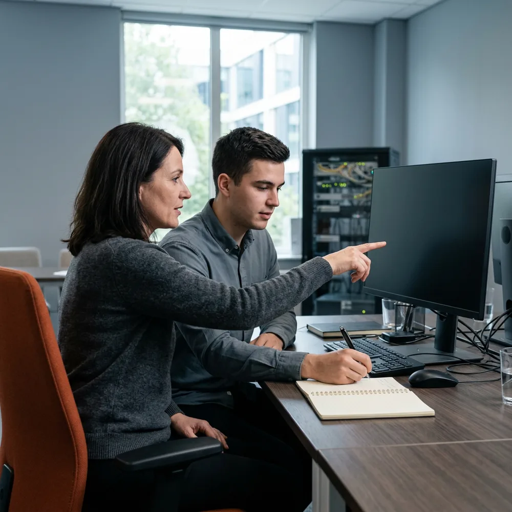 Two colleagues at a shared monitor in a quiet enterprise IT room, one pointing at the screen while the other takes notes on paper, orange chair back visible at the edge