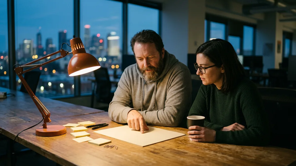 Two SAP Basis engineers working late under an orange desk lamp, one pointing at a paper plan while the other holds a coffee, planning a conversion downtime window