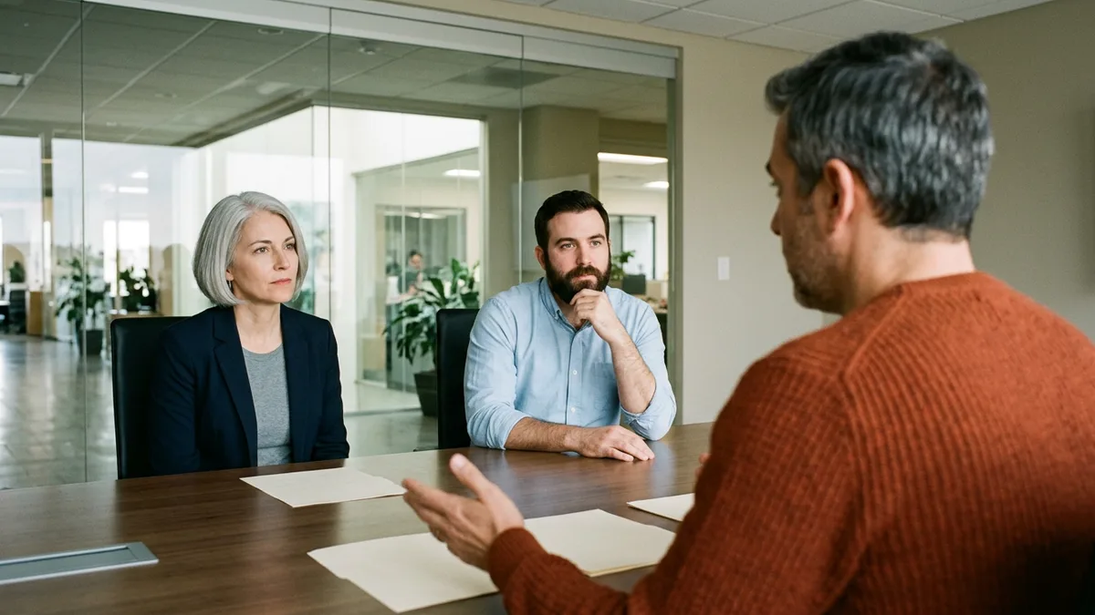 SAP S/4HANA consultant candidate in an orange sweater explaining paper notes to a corporate controller and a technical lead across a conference table