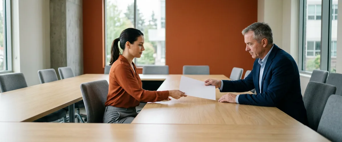 ERP program lead in a navy blazer sliding a single sheet of paper across a conference table to an SAP S/4HANA consultant in an orange blouse