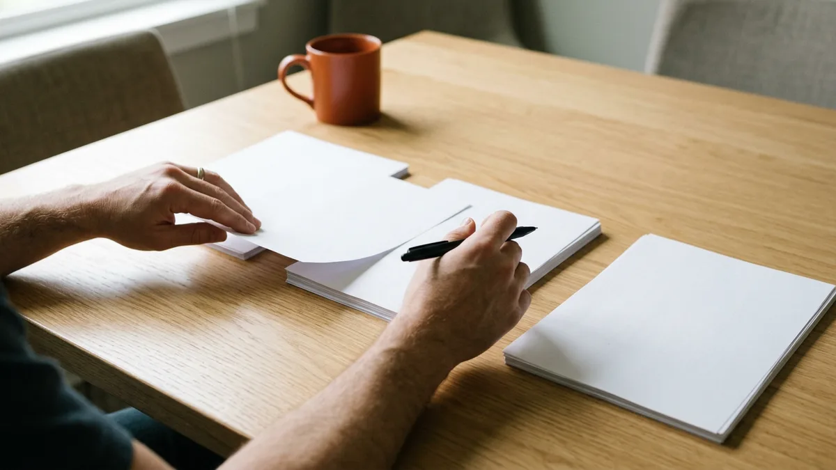 SAP S/4HANA consultant candidate sorting printed precheck pages into three piles with a black pen beside an orange mug during an interview