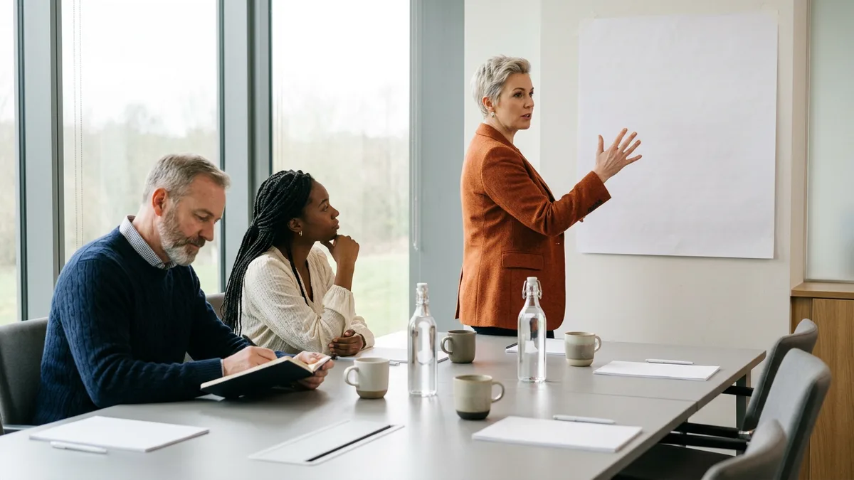 SAP S/4HANA consultant leading a conversion design workshop with a finance manager and a sales operations lead at a conference table