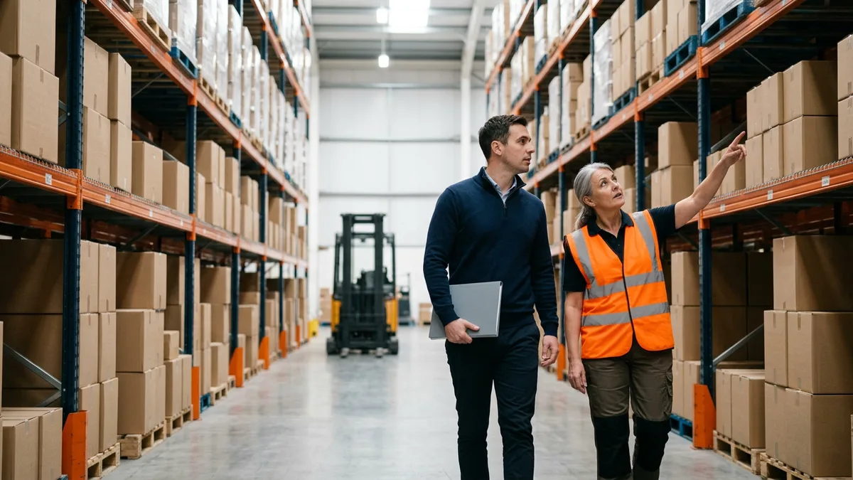 SAP logistics consultant walking a distribution center aisle with a warehouse supervisor who points to a rack location during a warehouse management cutover