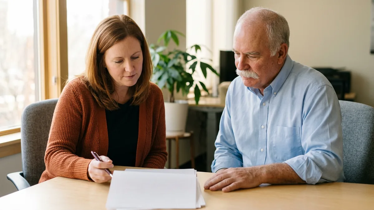 Recruiter and hiring manager reviewing a printed draft of an SAP S/4HANA consultant job description at an office desk