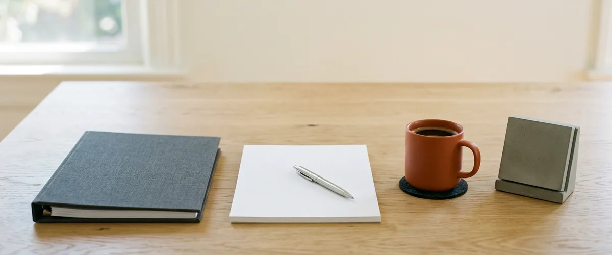 Closed charcoal binder, blank notepad with a silver pen, and an orange coffee mug laid out on an oak conference table