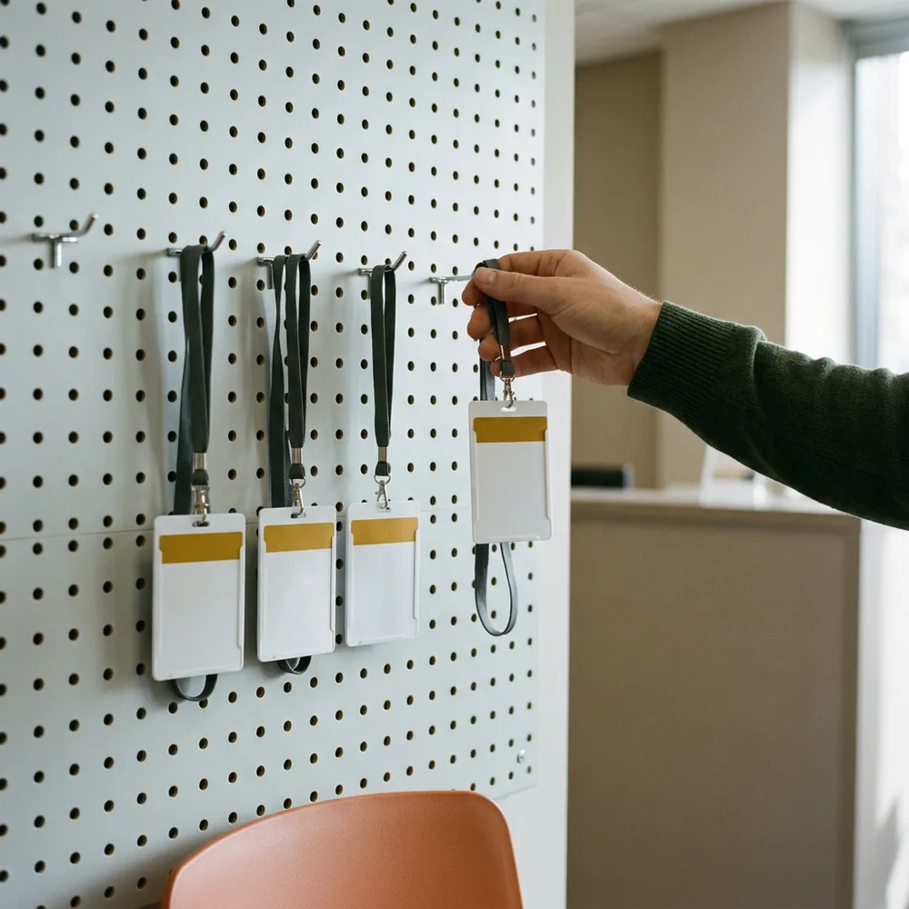 A hand hanging a white badge with a yellow contractor band back on a pegboard hook beside three others, a contractor rolling off an SAP program at a signed-off milestone