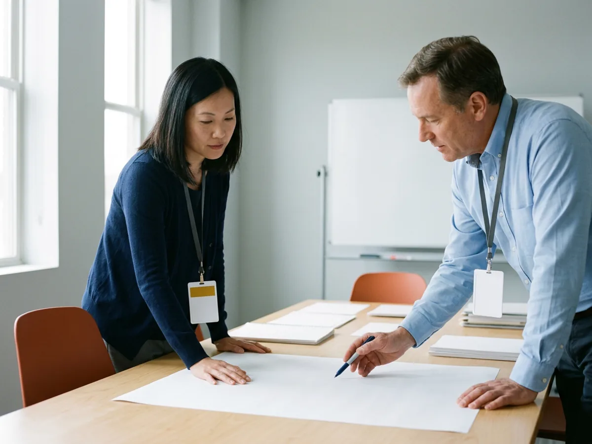 A contract SAP consultant wearing a white badge with a yellow contractor band leans over a blank planning sheet with an employee in a light blue shirt in an S/4HANA program project room