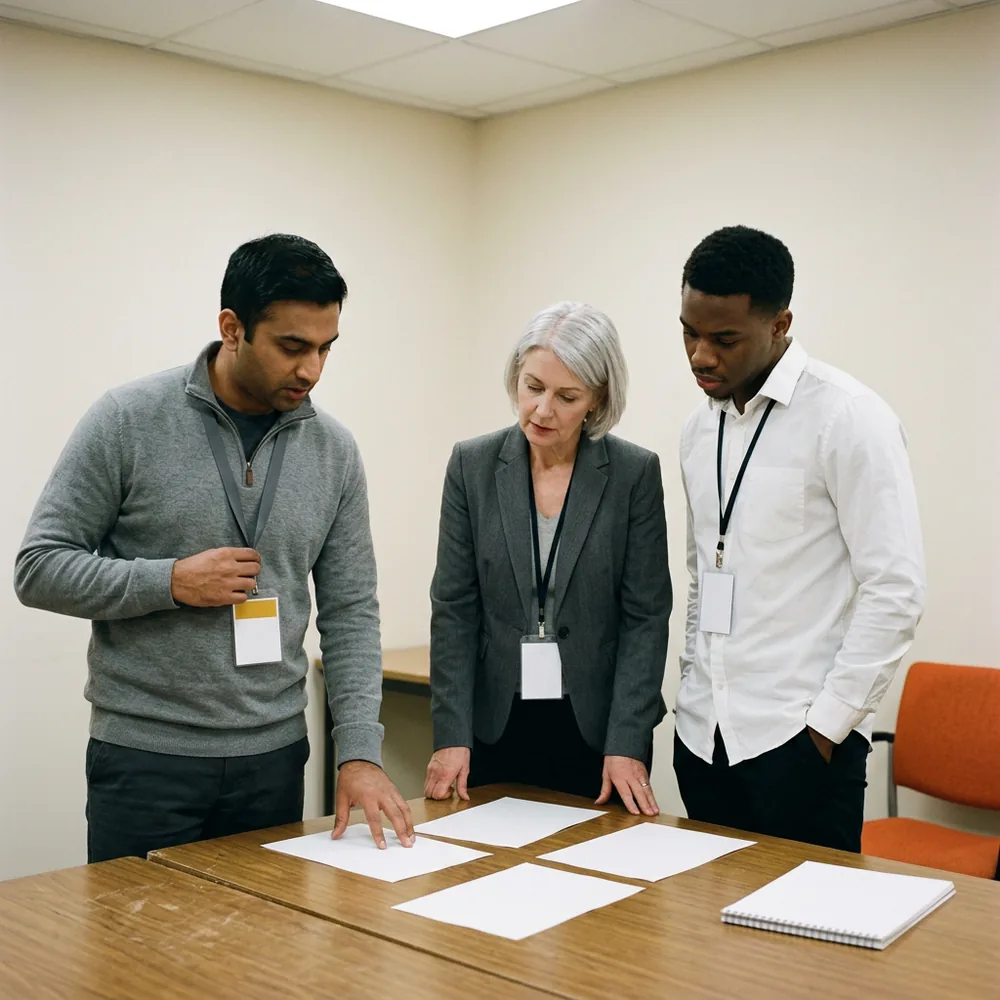 A contractor with a yellow-banded badge and two colleagues with plain white badges review blank sheets on a table, an SAP contractor working inside an SI-led program team