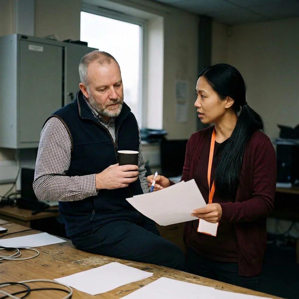 Test lead in a burgundy cardigan and orange lanyard walks a systems administrator holding a coffee through printed pages at dawn after an overnight conversion rehearsal
