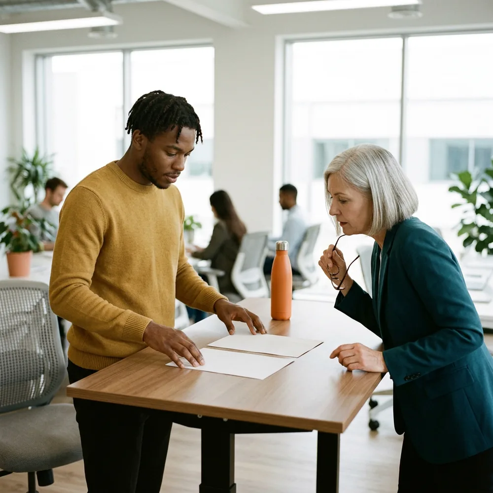 Test automation engineer in a mustard sweater lays two printed pages side by side at a standing desk while an application support manager in a teal blazer compares them, an orange water bottle on the desk