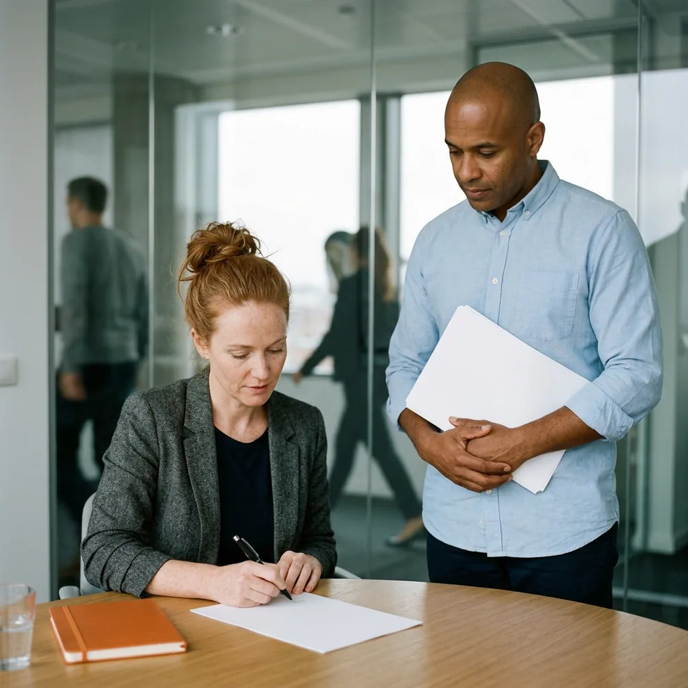 Finance controller in a charcoal blazer signs a test sign-off sheet at a round table while an SAP test lead in a light blue oxford shirt stands by holding the test pack, an orange notebook on the table