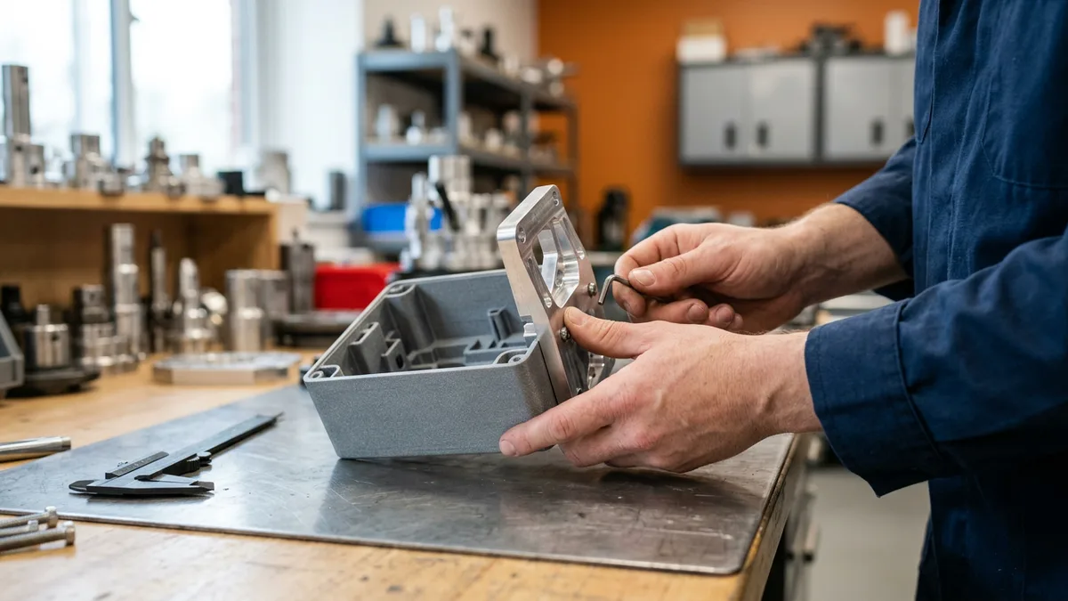 Mechanical design engineer fitting a machined aluminum bracket to a 3D-printed prototype enclosure on a workbench