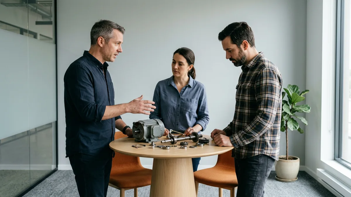Three engineers reviewing a disassembled electric motor during an engineering change review meeting