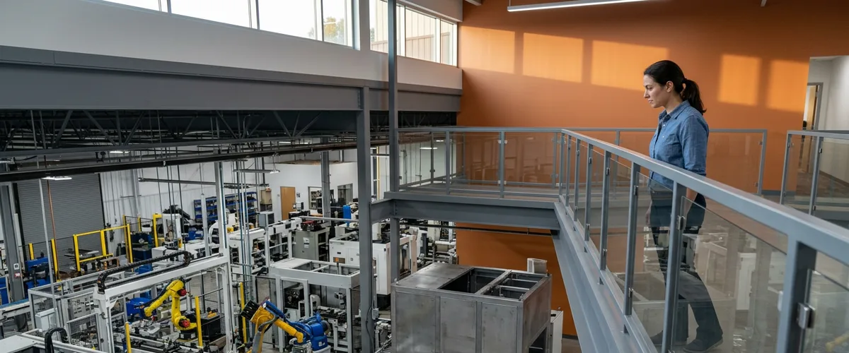 Engineer on a mezzanine overlooking an automated manufacturing production floor with robotic arms