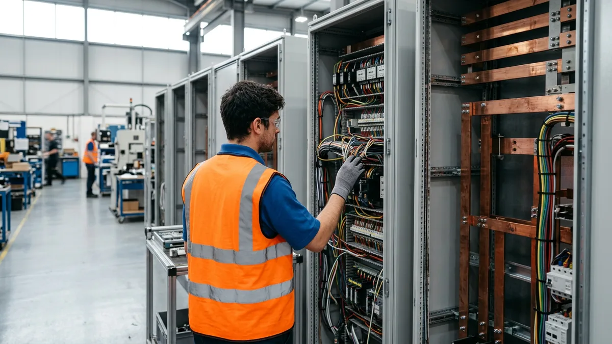 Manufacturing engineer inspecting wiring inside open electrical switchgear cabinets on a factory floor