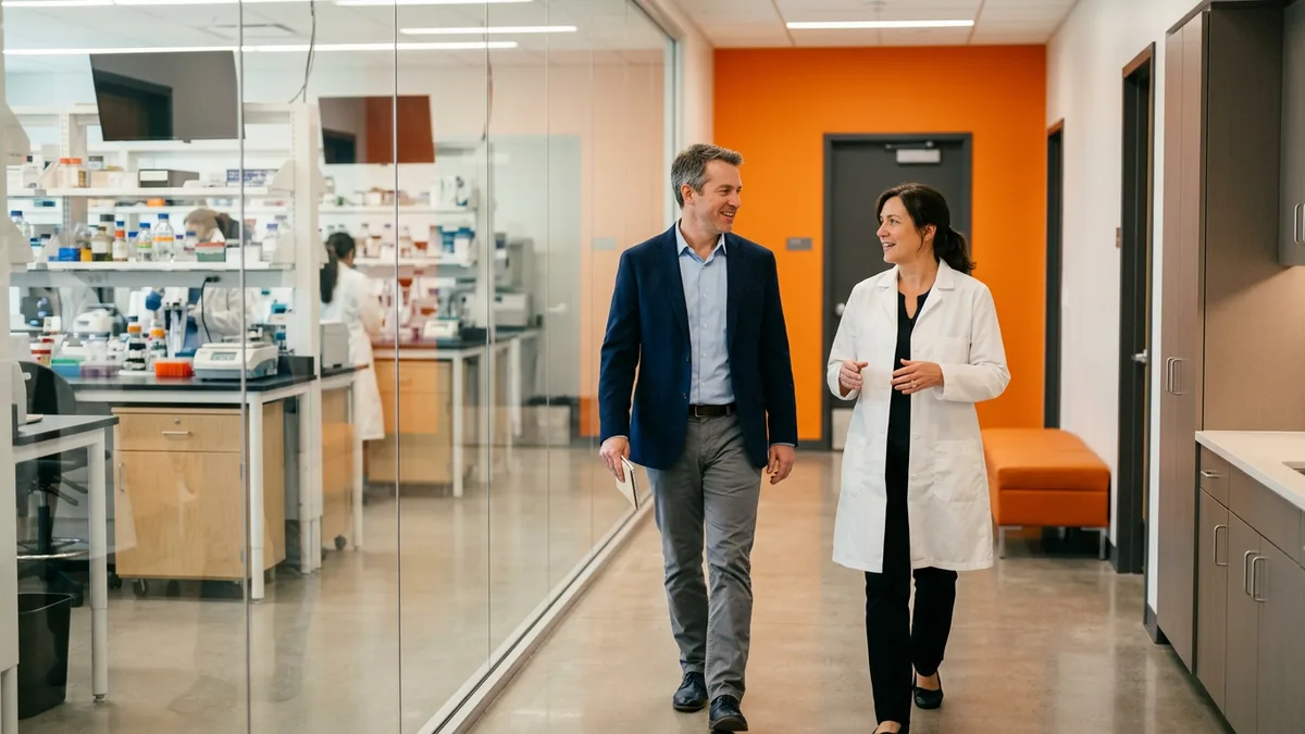 Scientific recruiter and laboratory director talking as they walk a corridor beside a glass-walled lab
