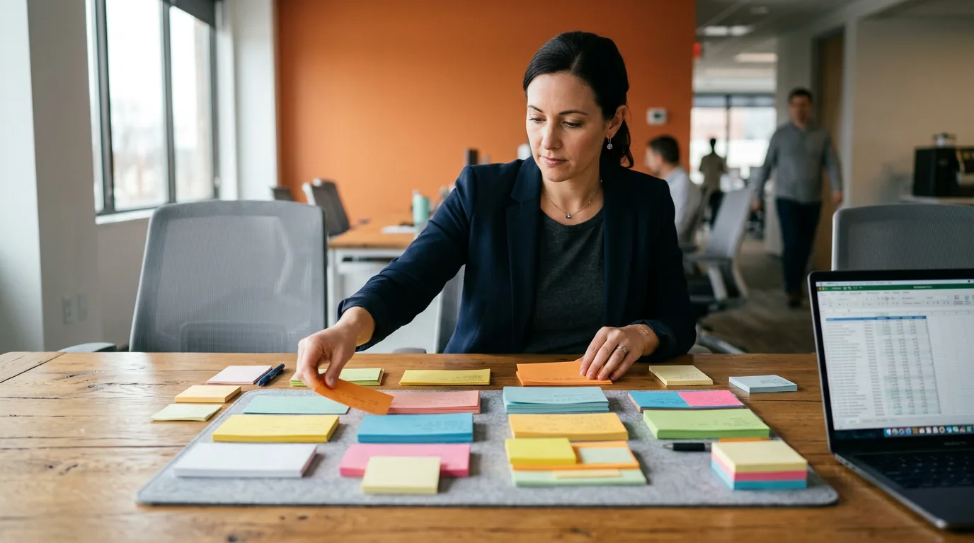 Controller sorting colorful backlog cards into estimate category piles on an office conference table