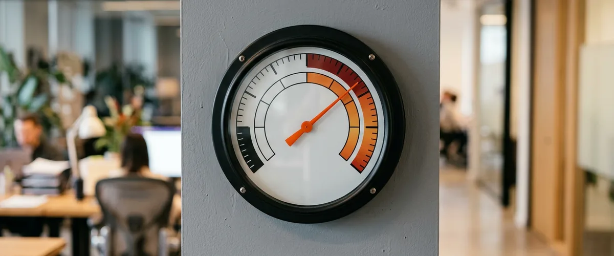 Analog gauge dial with an orange needle resting just below the red zone on an office wall
