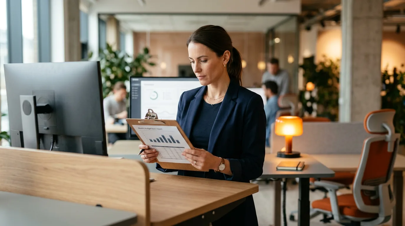 Analyst reviewing a one-page weekly burn report with a small bar chart at a standing desk