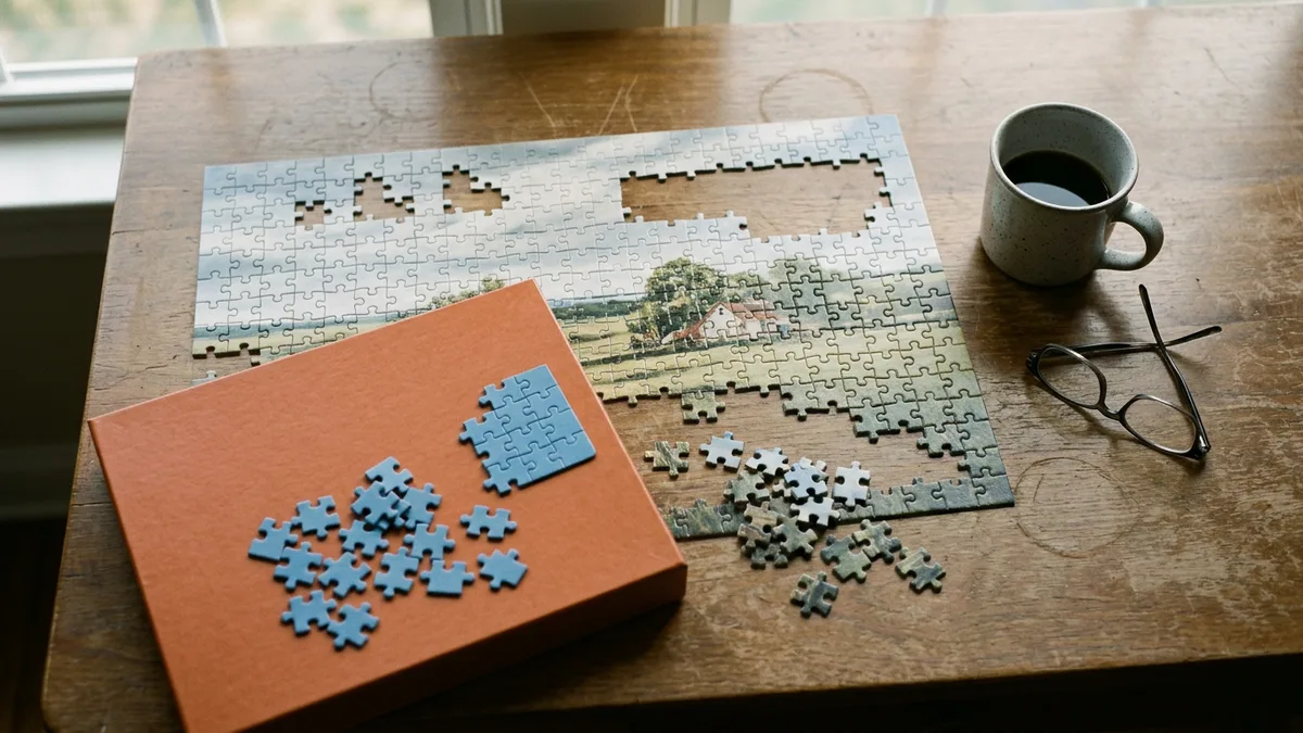 Half-finished landscape jigsaw puzzle abandoned on a wooden table beside a newly started puzzle on a burnt orange box lid, a cold coffee mug and reading glasses nearby