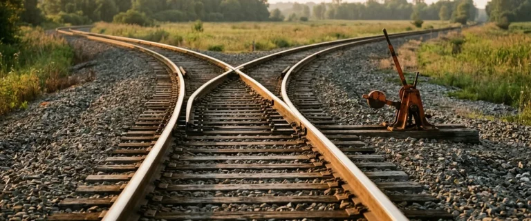 Railway track splitting at a switch into two curves heading opposite directions, with a burnt orange switch lever beside the rails at golden hour