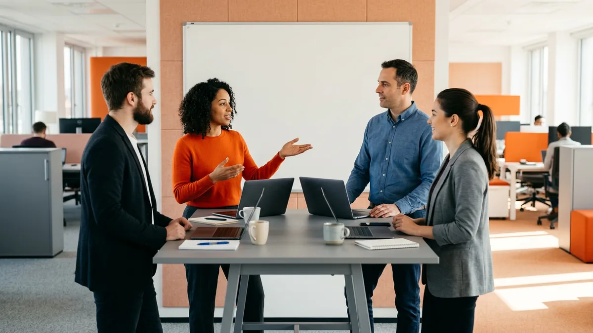 Scrum master in an orange sweater leading a short standing meeting with three teammates around a high table, the work behind a contract scrum master hourly rate