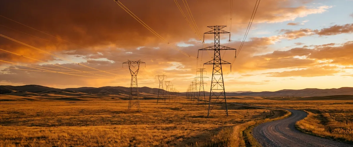 Row of steel lattice high-voltage transmission towers crossing golden prairie grassland at sunset beside a gravel right-of-way road