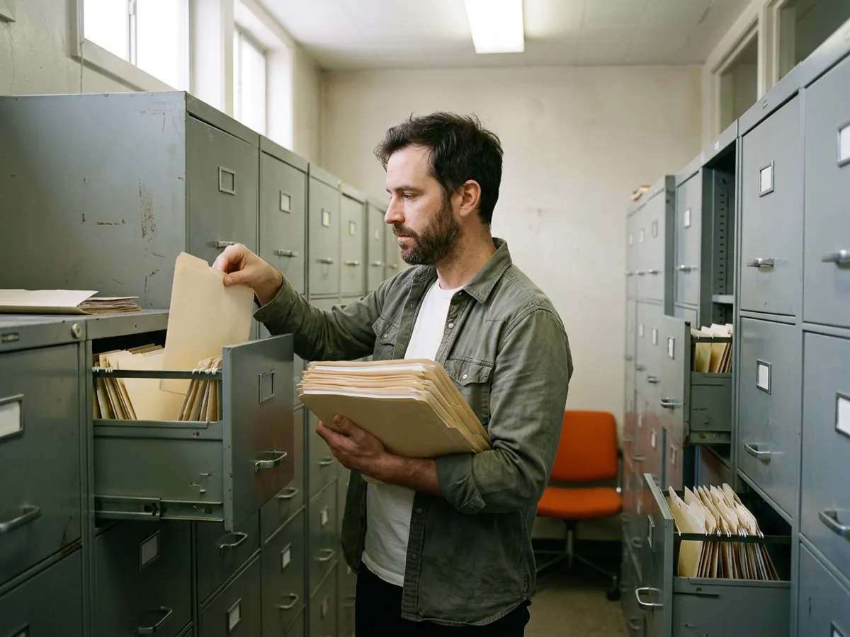 IT contractor in an olive overshirt holding a stack of manila folders beside half-empty grey filing cabinets in an office records room, the content a SharePoint migration consultant moves into SharePoint Online