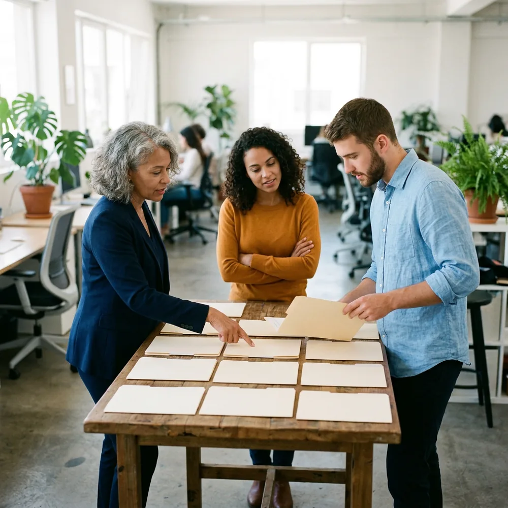 Three colleagues at a wooden standing table mapping a grid of manila folders, one pointing, one holding a folder and one listening, a SharePoint migration team planning sites and libraries