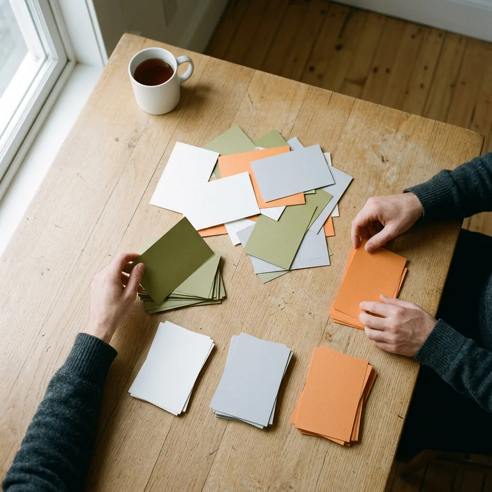 Overhead view of two hands sorting blank white, grey, olive and orange index cards into four piles on an oak table, like deciding which content goes to which SharePoint site and library