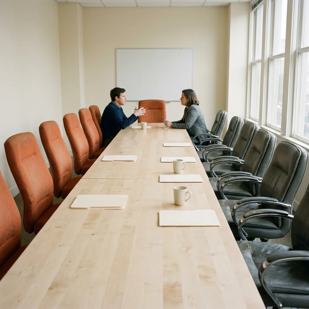 Long conference table with orange fabric chairs down one side and older grey leather chairs down the other, two people talking at the far end, two companies sharing one SharePoint tenant after an acquisition