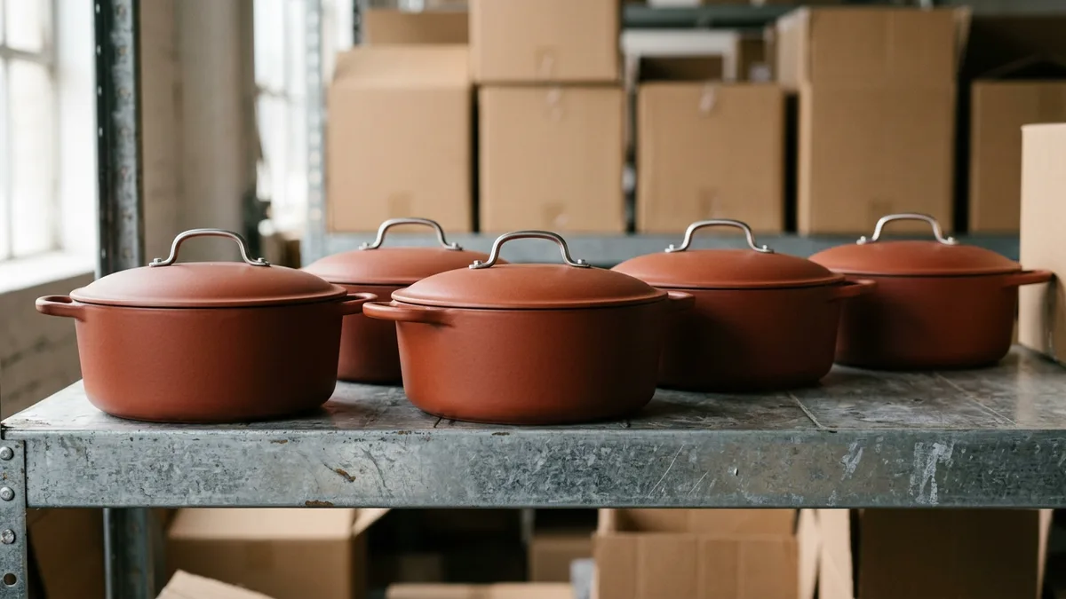Row of terracotta cast-iron Dutch ovens on a galvanized warehouse shelf with cartons stacked behind