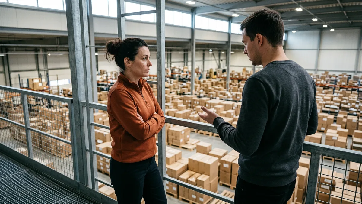 Operations lead listening to an integration specialist on a warehouse mezzanine overlooking the fulfillment floor