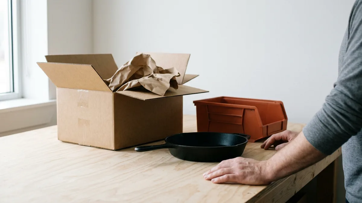 Returned cast-iron skillet beside an opened shipping box and an orange returns bin on a warehouse workbench
