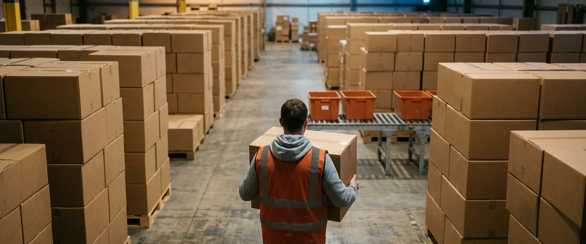 Warehouse worker carrying a shipping carton across a peak-season ecommerce fulfillment floor stacked with cartons