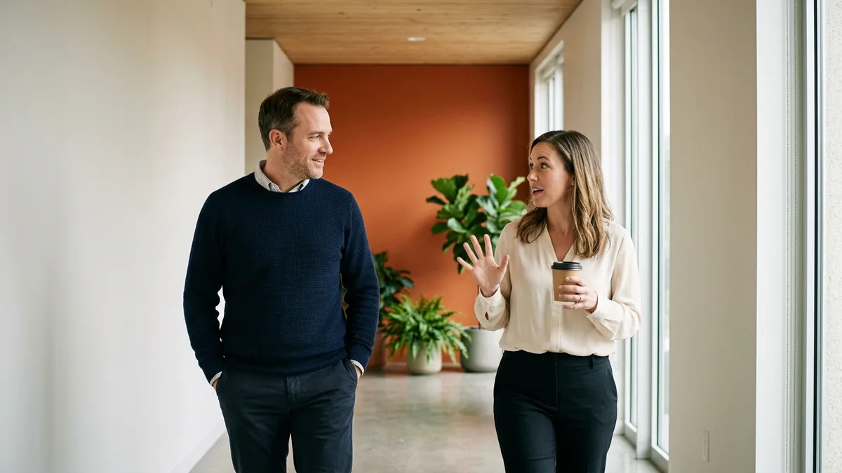 Director in a navy sweater and an engineering manager in a cream blouse holding a coffee cup walking down a bright office hallway in conversation, burnt orange wall behind them