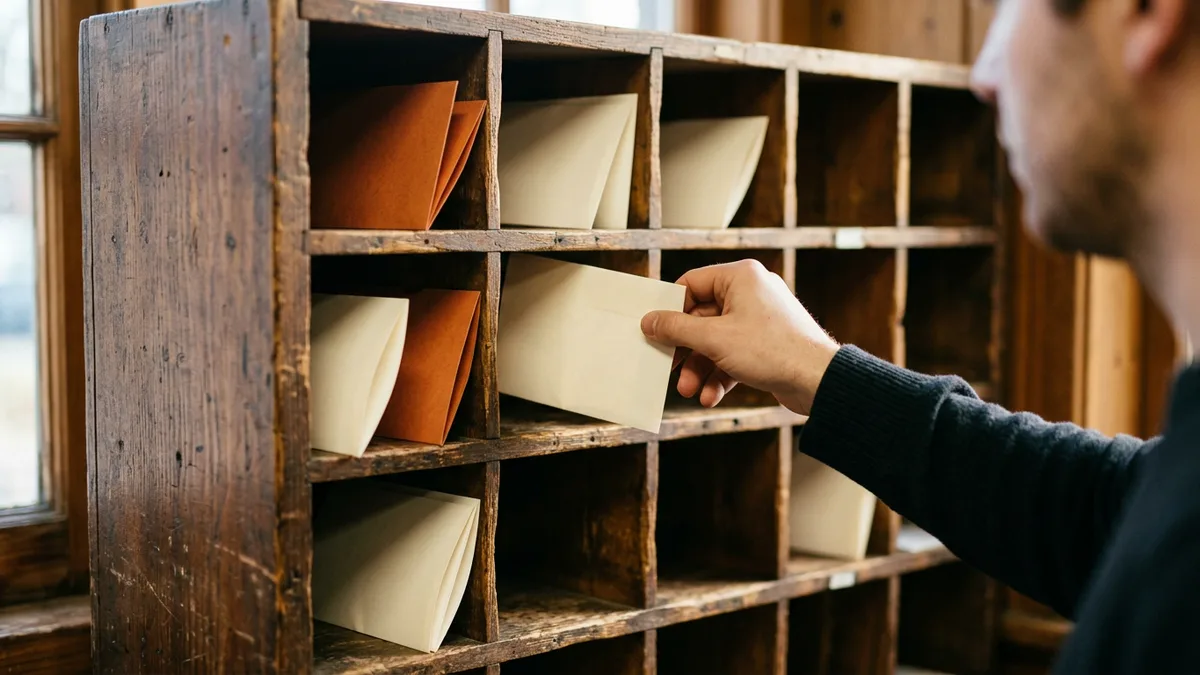 Hand sliding a folded blank note into one slot of an old wooden mail-sorting cabinet holding cream notes and burnt orange folders