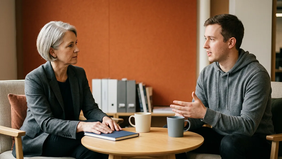 Silver-haired engineering director in a charcoal blazer listening with her hands on a closed notebook while a software engineer in a gray hoodie explains something across a small table, burnt orange wall behind them