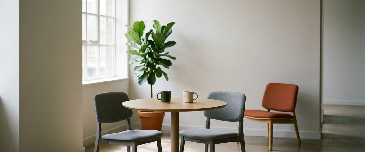 Small round office table with two coffee mugs and two gray chairs pulled close, a burnt orange chair set back and empty beside the wall
