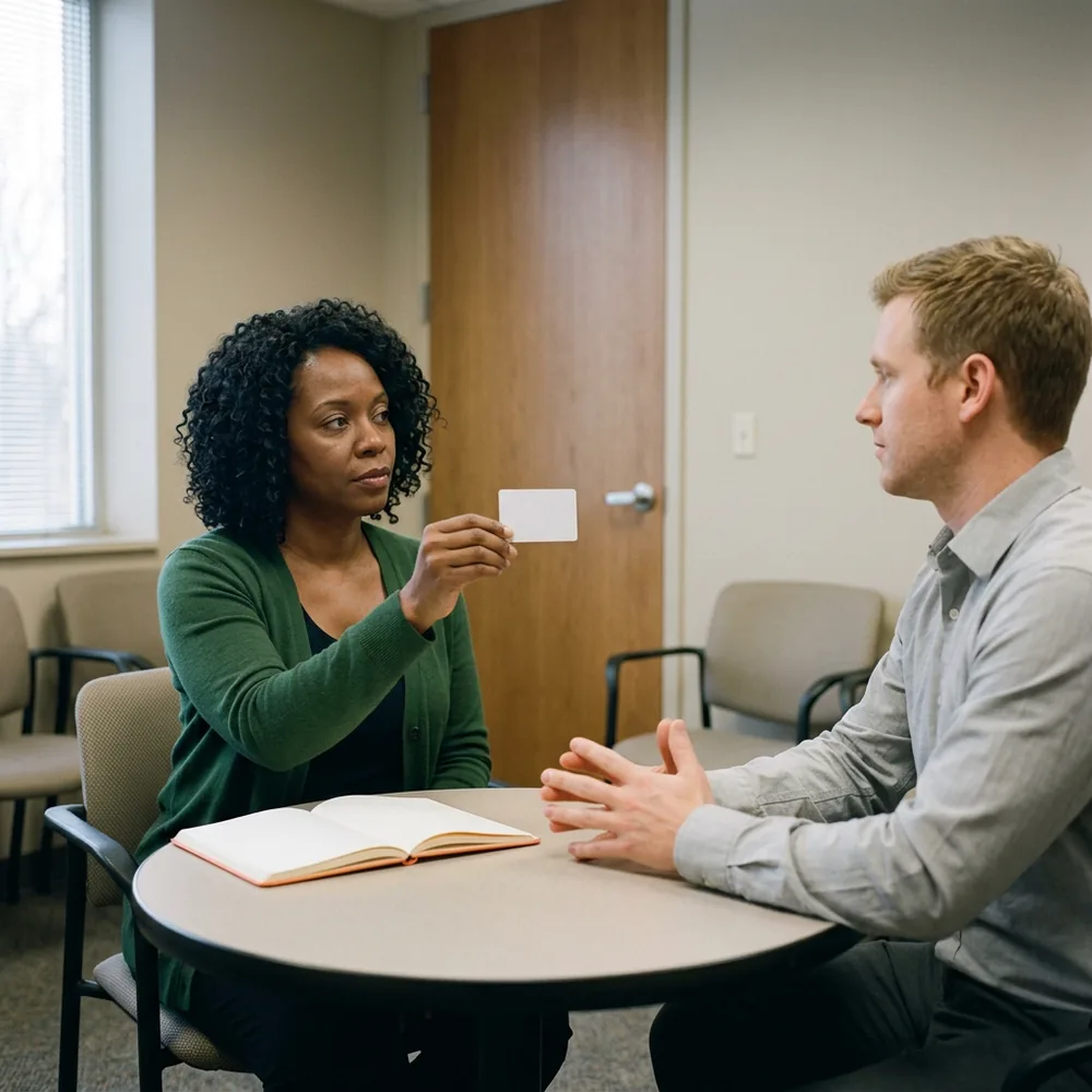 Recruiter at a small meeting table compares a candidate’s identification card with the candidate sitting across from her, an orange notebook open in front of her