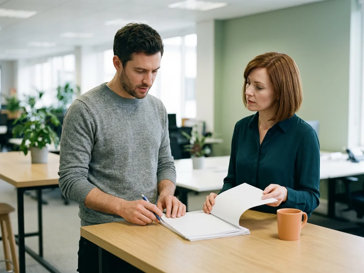 Contract security engineer and a compliance lead stand at a high worktable going through a printed control list together, an orange mug beside the pages