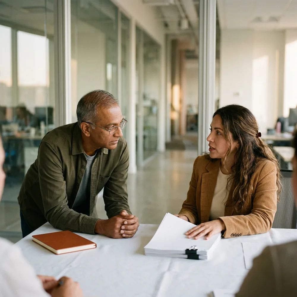 Chief technology officer and a sales director talk across a conference table, a printed customer security questionnaire under her hand