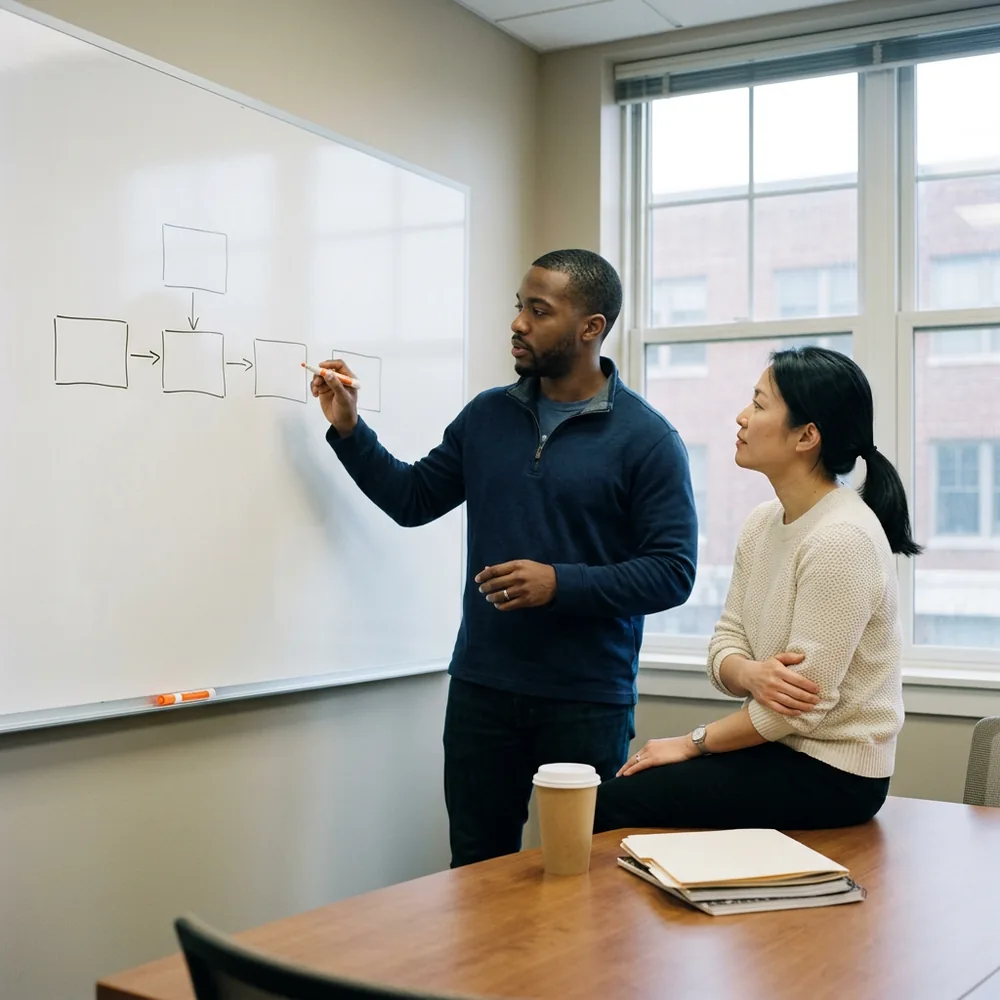 Systems engineer in a navy quarter-zip sketches boxes and arrows on a whiteboard with an orange marker while a security colleague watches