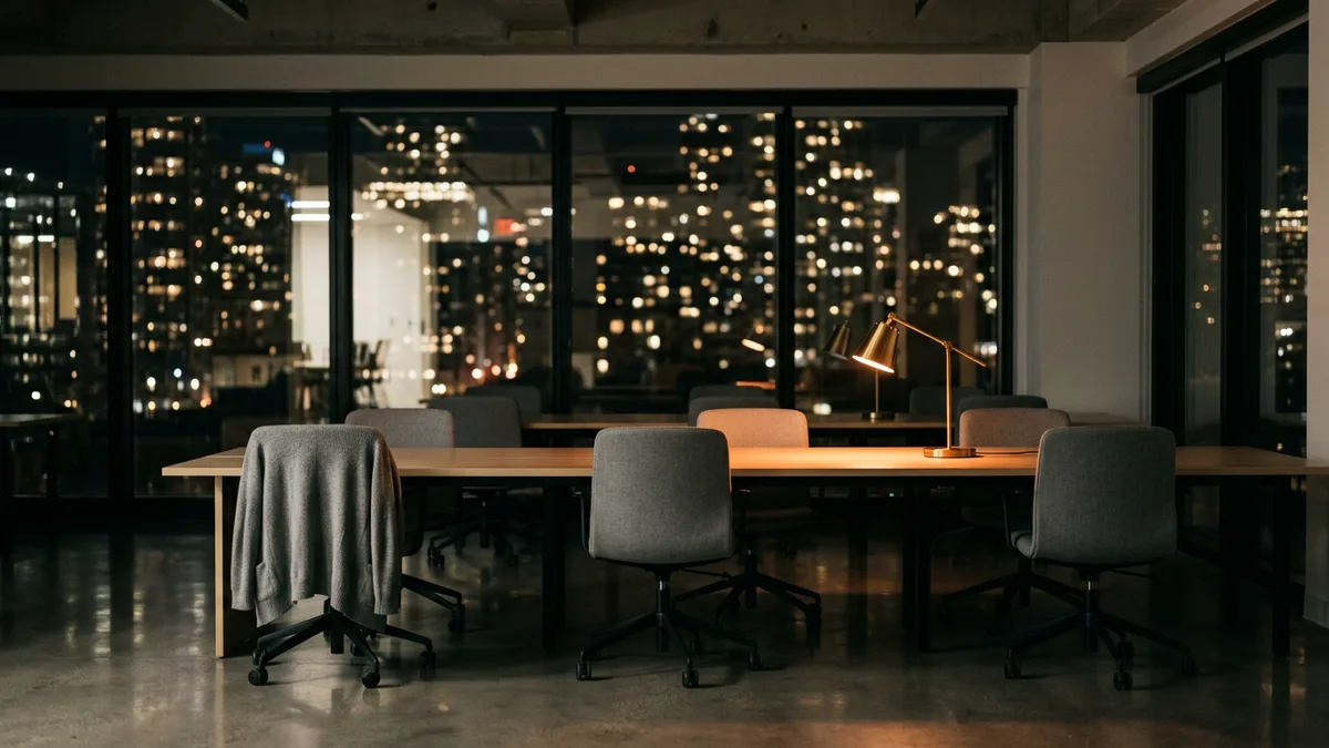 Dim open-plan office at night with a city skyline behind glass, five gray chairs at a long oak desk and one brass lamp glowing orange