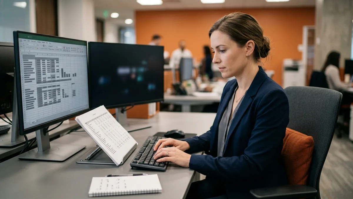 Financial analyst at dual monitors re-keying figures from a printed document into a spreadsheet